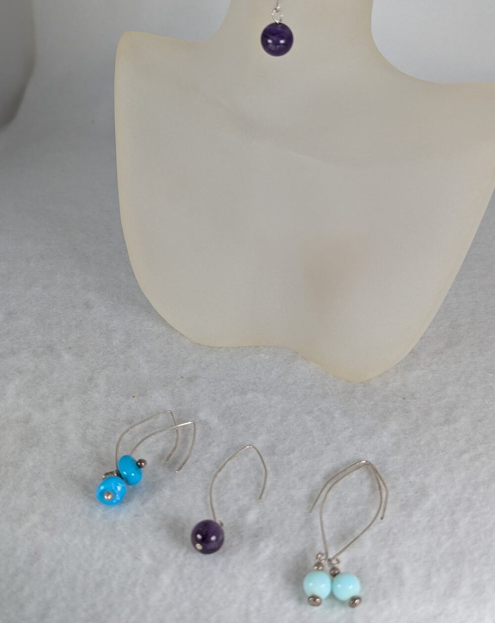 Lot 3 prs earrings Sterling Pacific opal Amethyst Turquoise wires drop 2-2.5"